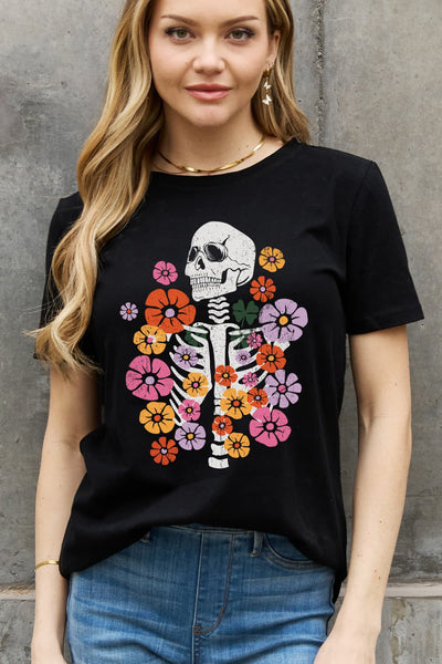 Simply Love Full Size Skeleton & Flower Graphic Cotton Tee