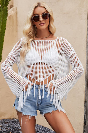 Tassel Hem Openwork Long Sleeve Cover Up