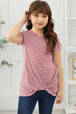 Girls Striped Round Neck Twisted Tee Shirt