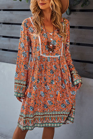 Bohemian Print V-Neck Knee Length Dress