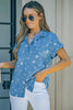 Star Print Button-Up Cuffed Short Sleeve Shirt