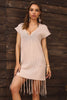 Fringe Hem Short Sleeve Deep V Cover Up Dress