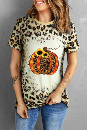 Leopard Pumpkin Graphic Round Neck Tee