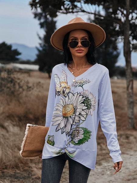 Floral Print Twisted V-Neck Long Sleeve Tee