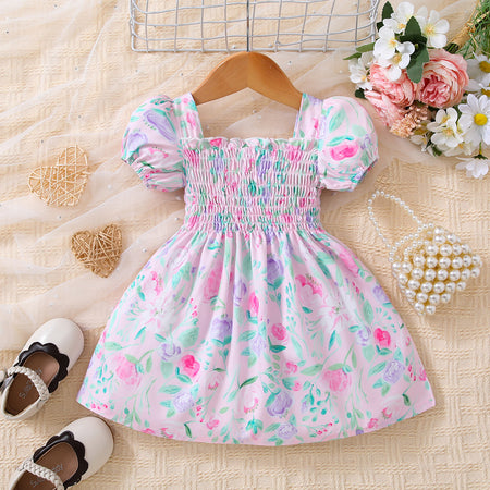 Baby Girl Floral Ruffle Trim Smocked Dress