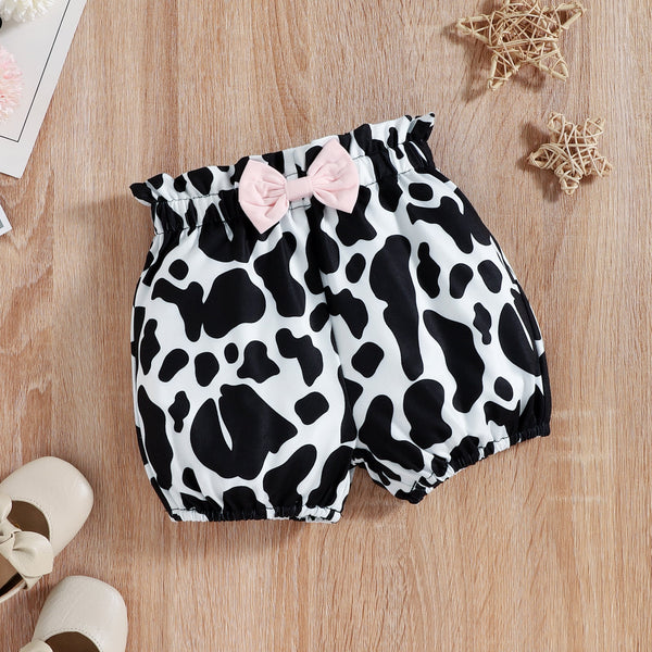 Graphic Ruffled Bodysuit and Cow Print Shorts Set
