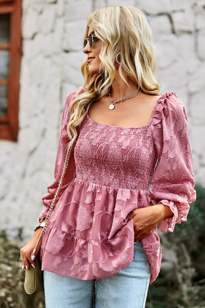 Smocked Square Neck Flounce Sleeve Blouse