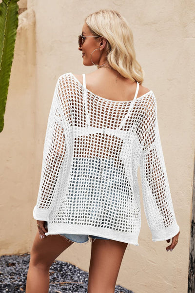 Openwork Round Neck Long Sleeve Cover Up