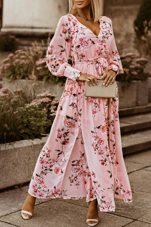 Floral Tie Belt Bishop Sleeve Slit Maxi Dress